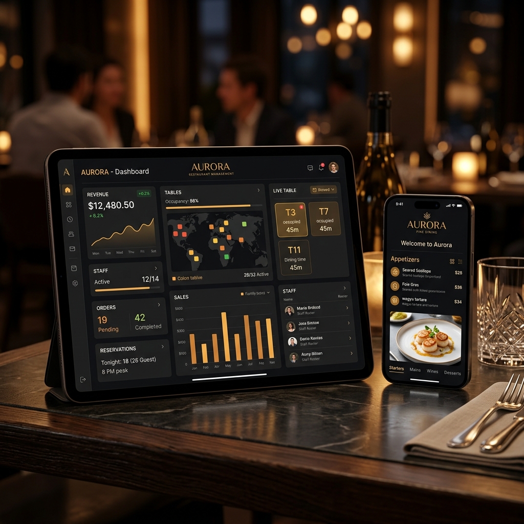 Aura Menu Tablet Dashboard ve Telefon Görünümü